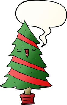 árbol de navidad de dibujos animados y burbuja de habla en estilo degradado suave vector