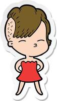 sticker of a cartoon squinting girl in dress vector