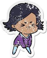 distressed sticker of a cartoon angry woman vector