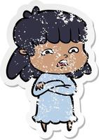 distressed sticker of a cartoon worried woman vector