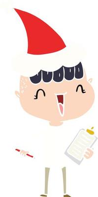 flat color illustration of a happy boy surprised wearing santa hat