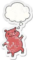 cartoon dancing pig and thought bubble as a distressed worn sticker vector