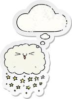 happy cartoon cloud and thought bubble as a distressed worn sticker vector