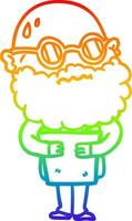 rainbow gradient line drawing cartoon worried man with beard and spectacles vector