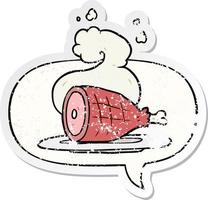 cartoon cooked meat and speech bubble distressed sticker vector