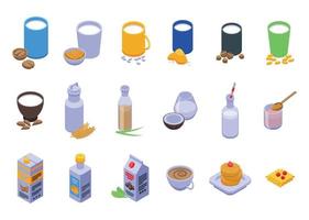 Vegetable milk icons set isometric vector. Almond soy vector