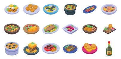 Portugese cuisine icons set isometric vector. Bowl cooking