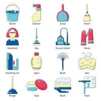 Cleaning tools icons set, cartoon style