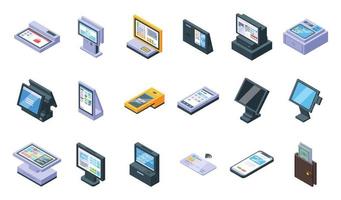 Touchscreen cash register icons set isometric vector. Self checkout vector