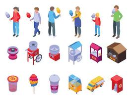 Cotton candy seller icons set isometric vector. Food carnival vector