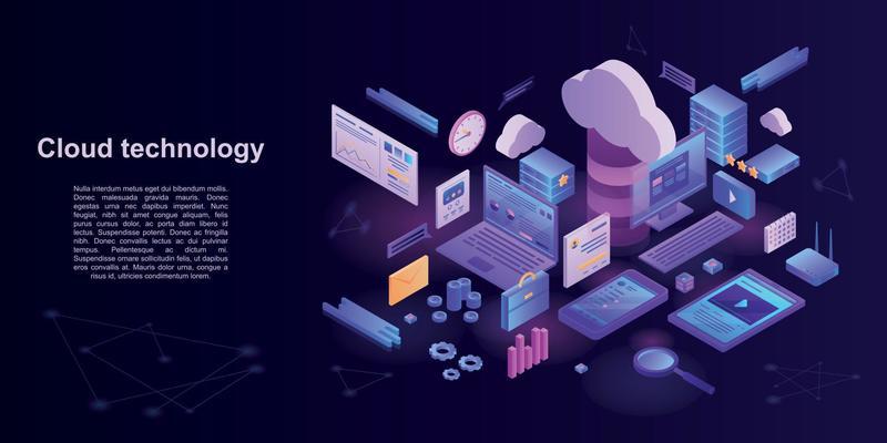 Cloud technology storage concept banner, isometric style