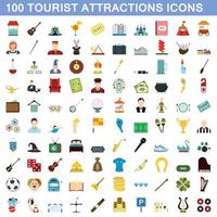 100 tourist attraction icons set, flat style vector