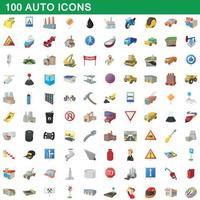 100 auto icons set, cartoon style vector