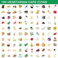 100 vegetarian cafe icons set, cartoon style