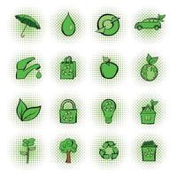 Eco comics green icons set vector