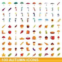 100 iconos de otoño, estilo de dibujos animados vector