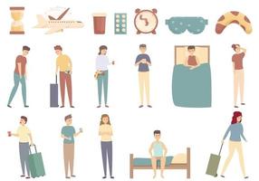 Jet lag icons set cartoon vector. Air flight time vector