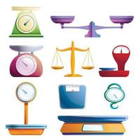 Weigh scales icons set, cartoon style vector