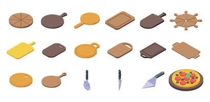 Wooden pizza board icons set isometric vector. Wood shield vector