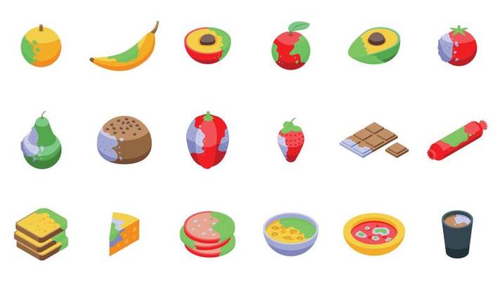 Food contamination icons set isometric vector. Spoiled rotten