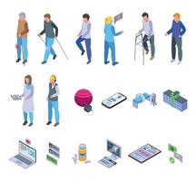 Specialist help icons set isometric vector. Mask aid vector