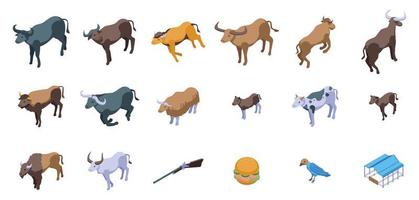 Buffalo icons set isometric vector. Animal head