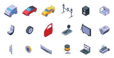 Los iconos de impresión de coches 3d establecen un vector isométrico. impresora de ordenador