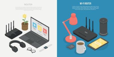 Router wireless banner set, isometric style vector