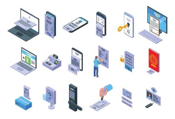 Handwriting identification icons set isometric vector. Access approve
