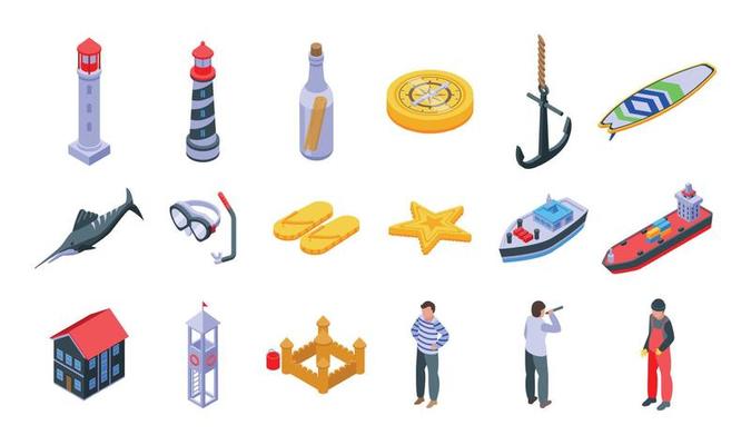 Seaside icons set isometric vector. Summer beach