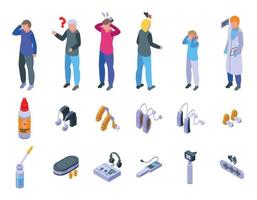 Deafness icons set isometric vector. Hearing aid vector