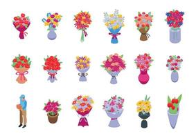 Bouquet icons set isometric vector. Flower basket vector