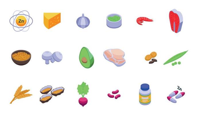 Zinc icons set isometric vector. Mineral supplement