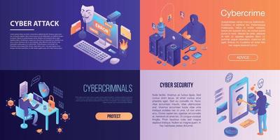 Cyber attack banner set, isometric style vector