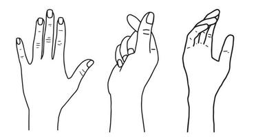 Man hands line. Outline elegant man hand. Beautiful  and fingers icons in one line fashion minimalist style, vector set. Illustration hand collection in raise the hand, miniheart and hello posture.
