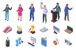 Motivational speaker icons set isometric vector. Human seminar vector