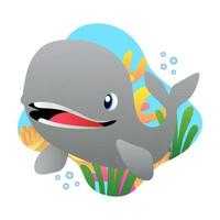 A whale with a funny and cheerful face, with a bright gray color, with an underwater background, coral, good for children's story book illustrations, education, stickers, marine, and more vector