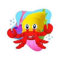 Hermit crab with a funny and cheerful face, with bright red and yellow colors, with an underwater background, coral, good for children's story book illustrations, education, stickers, marine, and more vector