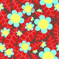 Red Jungle Leaves and Retro Daisy Flowers vector