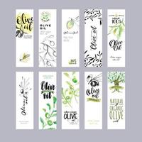 Hand drawn watercolor olive oil labels collection. Vector illustrations concepts for olive oil packaging.