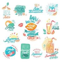 Set of hand drawn watercolor labels and signs of fresh fruit juice and drinks. Vector illustrations for menu, food and drink, restaurant and bar.