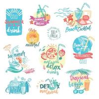 Set of hand drawn watercolor labels and badges of fresh fruit juice and drinks. Vector illustrations for menu, food and drink, restaurant and bar.