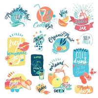 Set of hand drawn watercolor labels and stickers of fresh fruit juice and drinks. Vector illustrations for menu, food and drink, restaurant and bar.