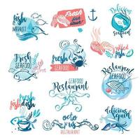 Set of hand drawn watercolor labels and signs of seafood. Vector illustrations for menu, food and drink, restaurant and fish market.