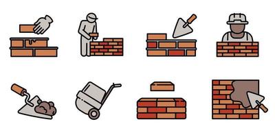 Masonry worker icons set, outline style vector