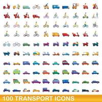 100 transport icons set, cartoon style vector