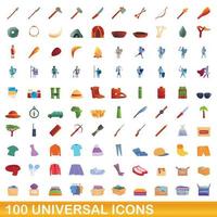 100 universal icons set, cartoon style vector