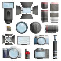 Photographer equipment icons set, cartoon style vector