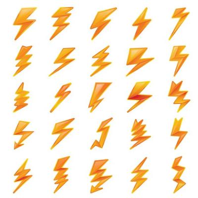 Lightning bolt icons set, cartoon style