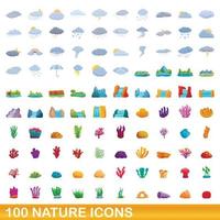 100 iconos de naturaleza, estilo de dibujos animados vector